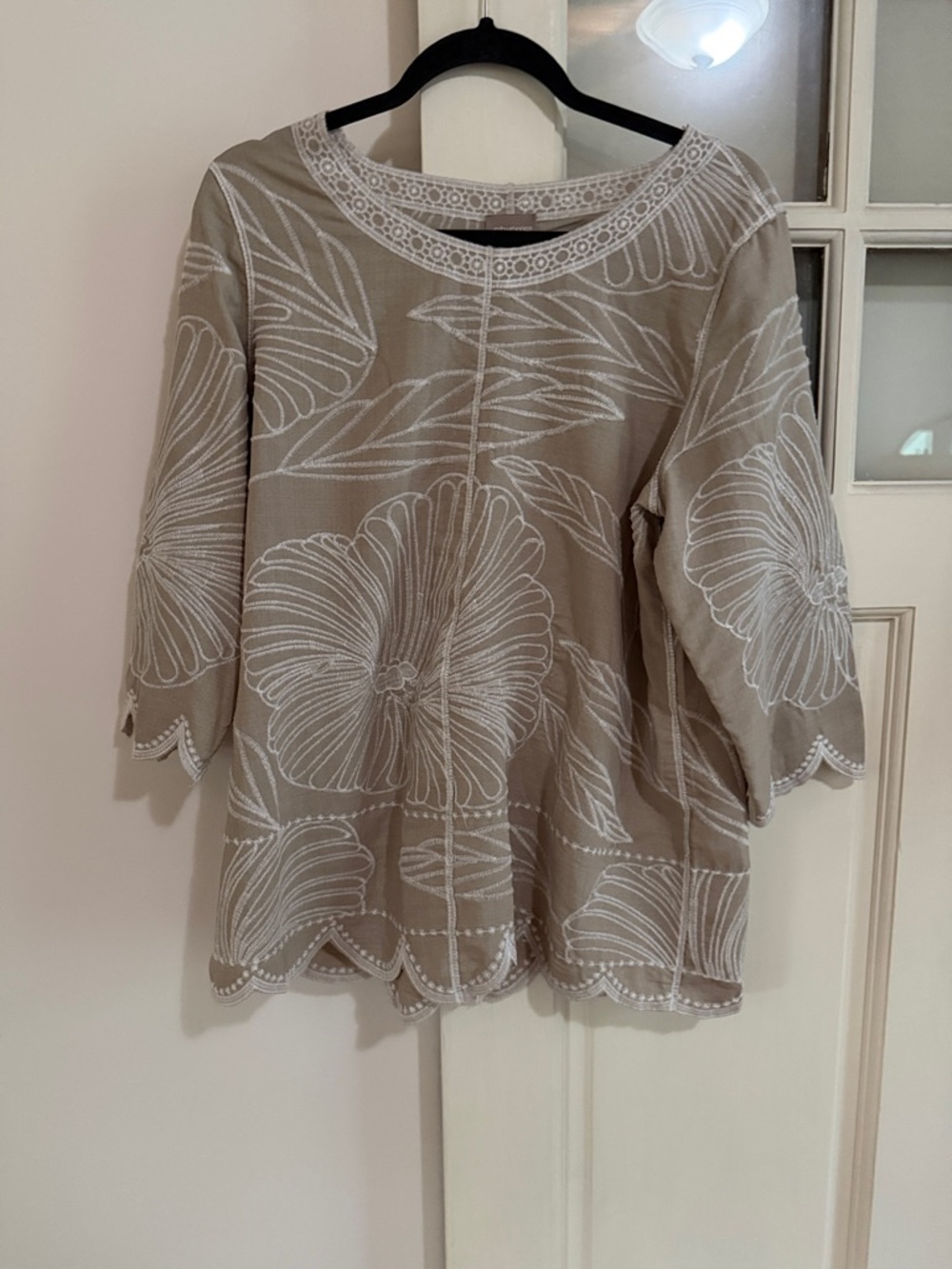 Chico's Beige Top with White Floral Embroidery